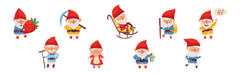 Fantastic Man and Woman Gnome Character in Red Pointed Hat Vector Illustration Set