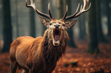 mad deer in the forest with large horns, generative ai 