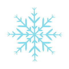 Blue symmetrical snowflake isolated on white background. Symbol of winter and cold. Flat vector illustration.