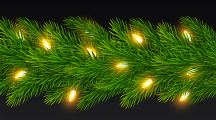 Christmas border of realistic fir tree branches with electric garland on black background. Frame of spruce branches with garland of yellow light bulbs for New Year greeting cards, banners