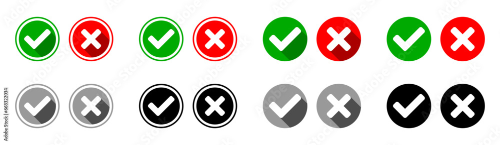 Poster yes and no or right and wrong or approved and declined icon set with check mark and x cross sign wit