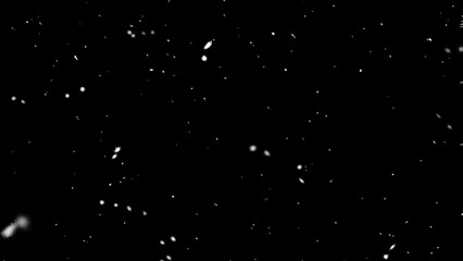 Falling snow isolated on black background. Falling snow at night. Bokeh lights on black background, flying snowflakes in the air. Winter weather. Overlay texture.