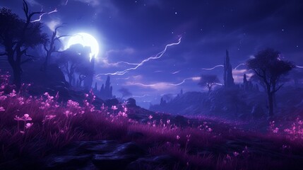 A field of neon lavender swaying gently in the night breeze.