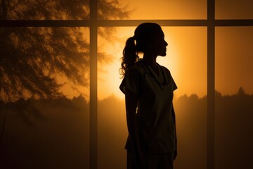 Shadow silhouette of a nurse during the golden hour, symbolic of hope. - obrazy, fototapety, plakaty