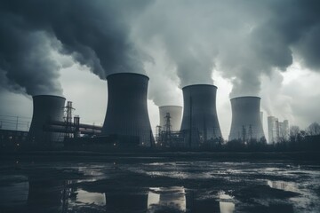 Steam rising from cooling towers in a power plant.