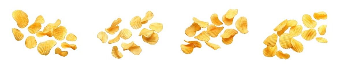 Collection of flying and falling crispy wavy potato chips on a fast food background, isolated on a transparent background. PNG cutout or clipping path. - obrazy, fototapety, plakaty