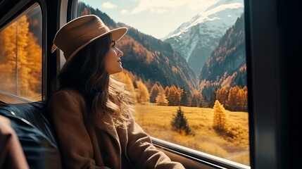 A stunning, symmetrical, and cinematic image of a female traveler, travel writer, and motivated explorer hanging out of a train window