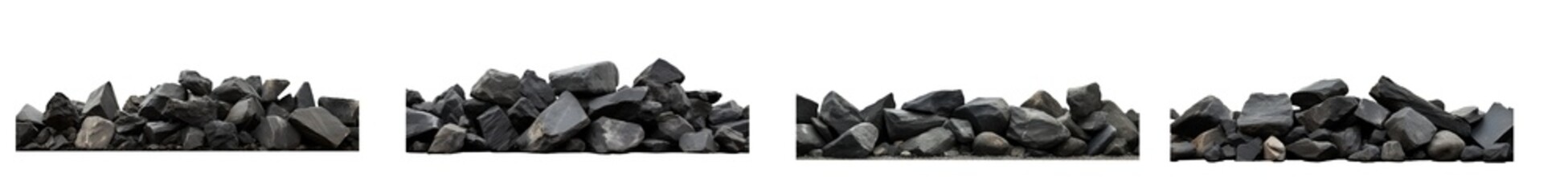 Collection of black rocks or charcoal, collapsed wall on the ground, isolated on a transparent background. PNG cutout or clipping path.