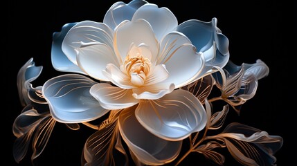 A neon gardenia glowing softly in a dark room filled with ambient lighting.