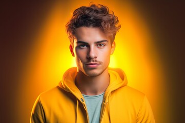 Fototapeta premium A handsome young man in casual clothing stands in front of a gradient yellow background while his face is illuminated by digital lights.
