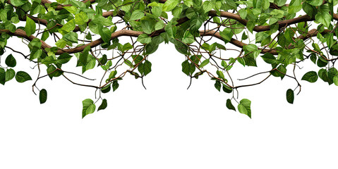 Panoramic tropical vine hanging ivy plant bush frame or border with copy space for text, branches. Isolated on a transparent background. PNG cutout or clipping path.