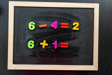 Fototapeta na wymiar primary learn mathematical solved example on a chalkboard