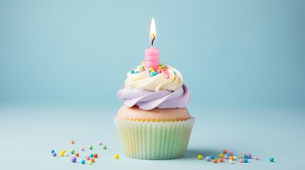Birthday cupcake in pastel rainbow color with balloons and candle