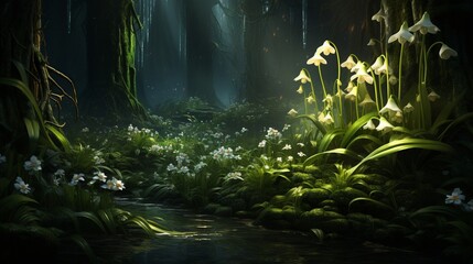 A neon lily-of-the-valley tucked away in a dark forest corner. - obrazy, fototapety, plakaty