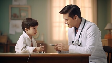 Using a stethoscope, a qualified general medical pediatrician in a white uniform gown listens to the kid patient's heart and lungs.