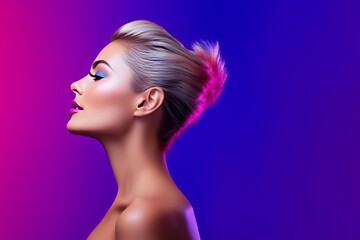 A profile view of a sophisticated, attractive woman with a smooth, silky neck and fingers, set against a vibrant, ultraviolet background.