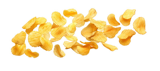 Collection of flying and falling ridged potato chips isolated on a transparent background. PNG cutout or clipping path. - obrazy, fototapety, plakaty