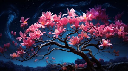 Obraz na płótnie Canvas A neon magnolia tree in full bloom set against a midnight sky.