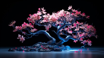 A neon magnolia tree in full bloom set against a midnight sky.