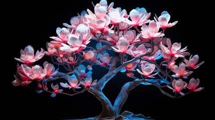 A neon magnolia tree in full bloom set against a midnight sky.