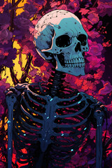 skeleton in purple and black in front of flowers, surrealism, generative ai 