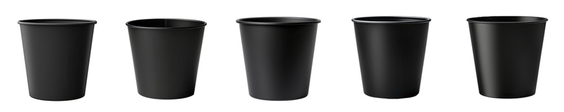 Collection of black paper coffee cup mockup, opaque empty plastic glass, isolated on a transparent background. PNG cutout or clipping path.