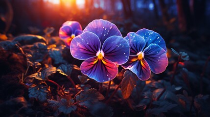A neon pansy with vivid colors standing out in a dark meadow. - obrazy, fototapety, plakaty