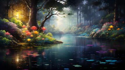 Magical landscape with trees and water
