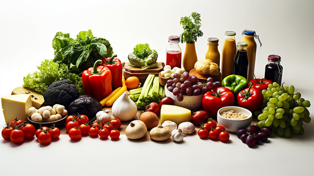 Layout of products is typical for the Mediterranean diet. All products are neatly laid out on the table, creating an attractive and appetizing image. On a white background. Copy space.