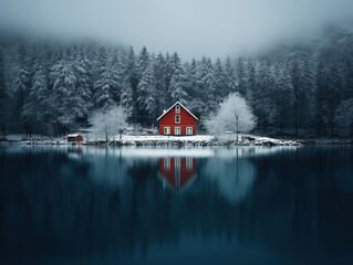 small red house by a lake, generative ai 