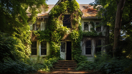 Fototapeta na wymiar An ancient, forsaken abode draped in ivy, eliciting feelings of remembrance and eerie reminiscences.