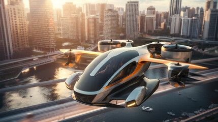 An futuristic EVTOL Aircraft with Electric-powered Vertical Launch & Touchdown capability. - obrazy, fototapety, plakaty