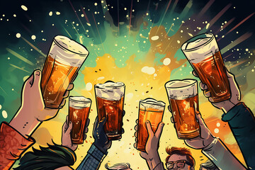group of people doing toast together with a glass of beer	
 - obrazy, fototapety, plakaty