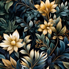 Luxury Seamless Pattern with Golden Flowers and Leaves on a Dark Background
