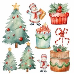Christmas watercolor hand drawn illustration. Decoration elements for the Christmas holiday