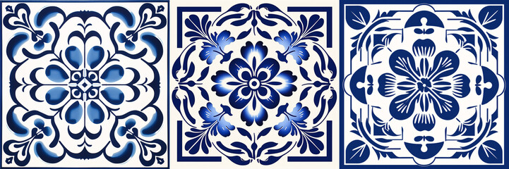 A beautiful baroque-style ceramic tile design with a white and blue porcelain flower pattern damask,Victorian elements, and a big floral frame in the center. - obrazy, fototapety, plakaty
