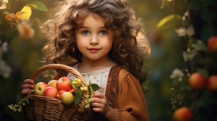 Fototapeta na wymiar A little girl holding a basket of apples