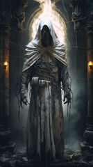 A man in a white robe with a hood on