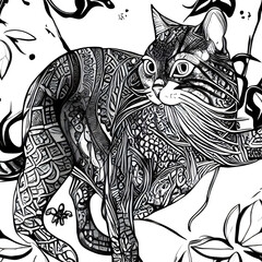 Black and White Mosiac Cat Illustration Drawing Digital Art