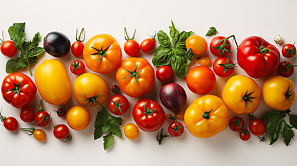 A bird's-eye view of assorted red and yellow tomatoes (e.g. cherry, grape, and gourmet varieties) on a white backdrop.