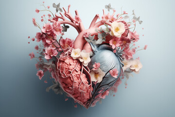 abstract image of a human heart with flowers on a blue background. copy space. generative AI	 - obrazy, fototapety, plakaty