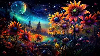 Neon sunflowers under a starry night sky. - obrazy, fototapety, plakaty