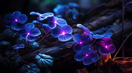 Neon violets nestled among dark leaves in a forest setting.