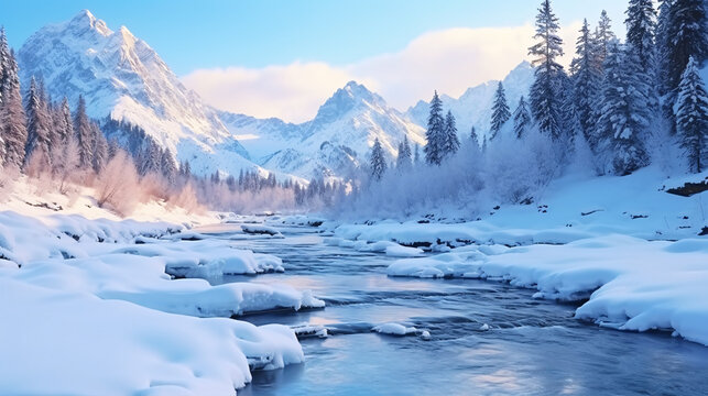 A wintry stream ambles across a snowy terrain.