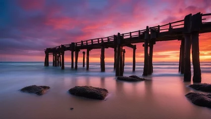  sunset over the pier A sunset or sunrise landscape, panorama of beautiful nature, beach with colorful red, orange and purple © Jared