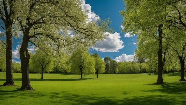 trees in the park a spring park with green grass and trees under a blue sky with clouds The photo shows a wide view  