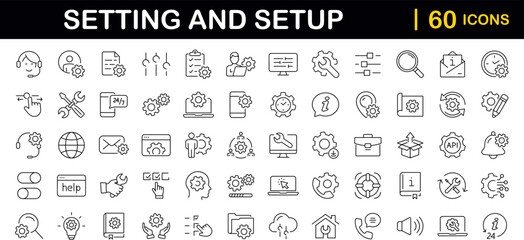 Fototapeta na wymiar Settings and setup set of web icons in line style. Setup icons for web and mobile app. Settings, installation, maintenance, update, download, configuration, options, control. Vector illustration