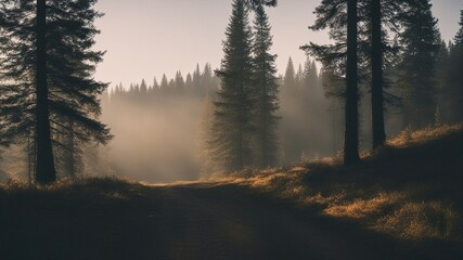 fog in the mountains misty landscape with fir forest in hipster vintage retro style