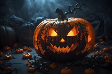 halloween pumpkin on a dark background, halloween pumpkin, halloween pumpkin on a black background