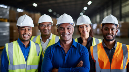 Portrait group of diverse industry workers working in factory warehouse.
 - Powered by Adobe